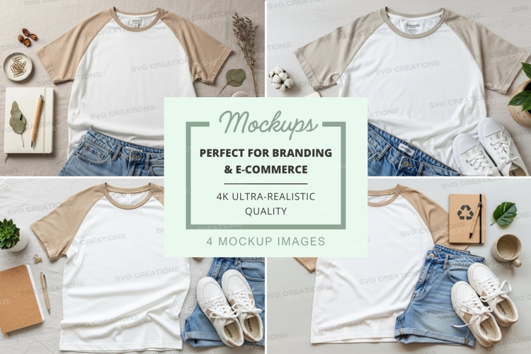 Baseball tee mockup in white with khaki sleeves