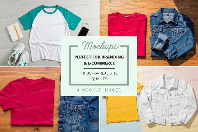 Flat lay of various t-shirts and denim jackets
