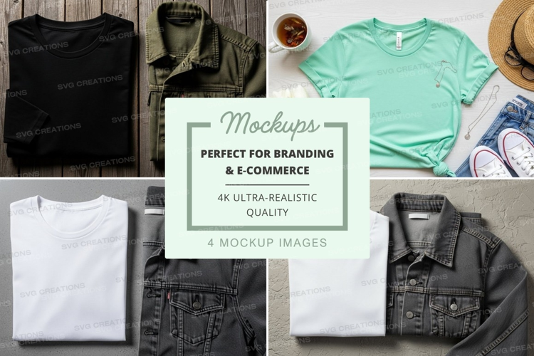 Flat lay mockup of various t-shirts and jackets
