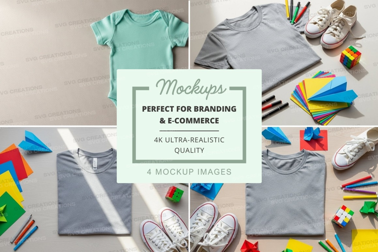 Flat lay mockup of baby onesie and t-shirts with toys and ac