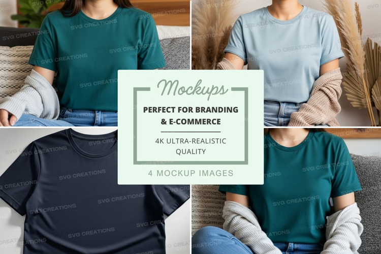 Women wearing mockup t-shirts on couch lifestyle display