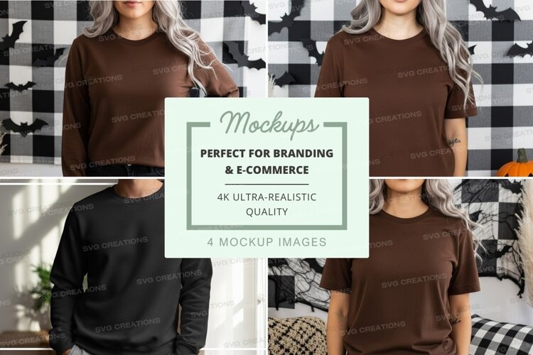 Woman wearing brown t-shirt mockup on checkered wall example image 1