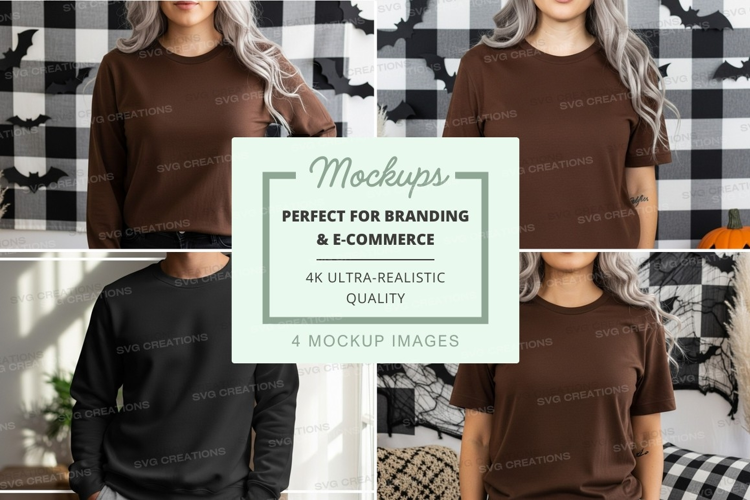 Woman wearing brown t-shirt mockup on checkered wall