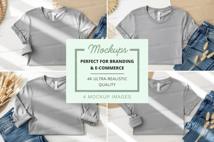 Silver metallic t-shirt mockup on denim jeans flat lay