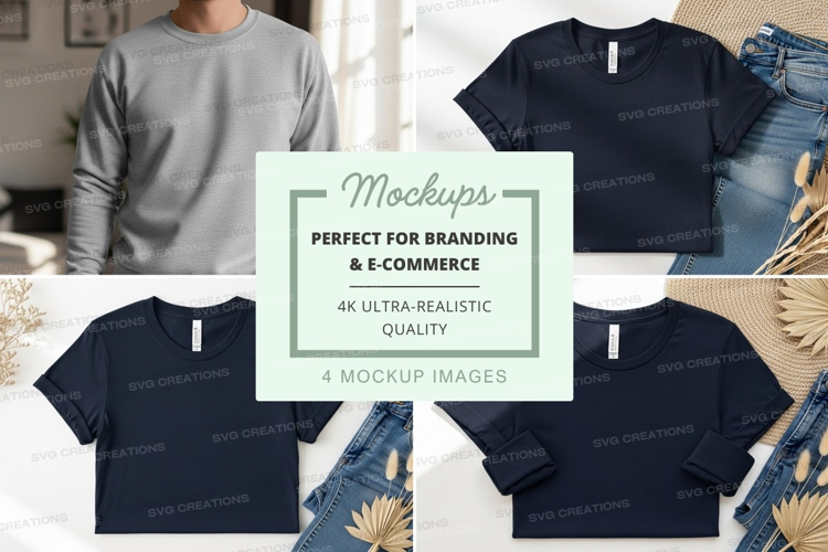 Blank navy t-shirt mockup on jeans casual display