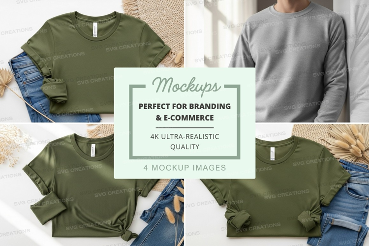 Green and grey t-shirt mockup on bed with jeans