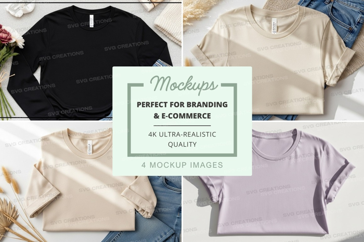 Women's t-shirt mockup on jeans flat lay minimalist