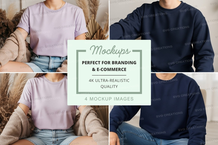 Woman casual sweater mockup on sofa neutral tones