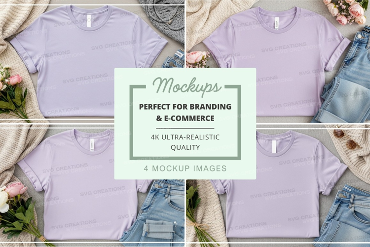 Blank t-shirt mockup on denim with floral decor