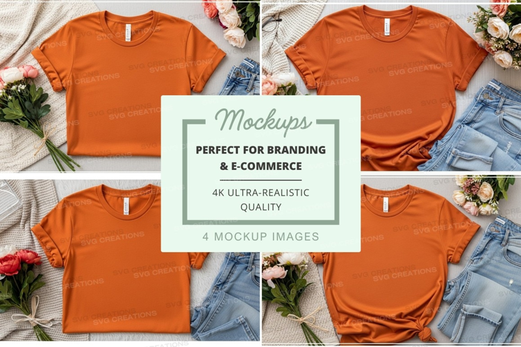 Orange t-shirt mockup on denim with floral decor