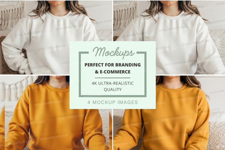Woman wearing blank white and mustard sweatshirt mockup on h