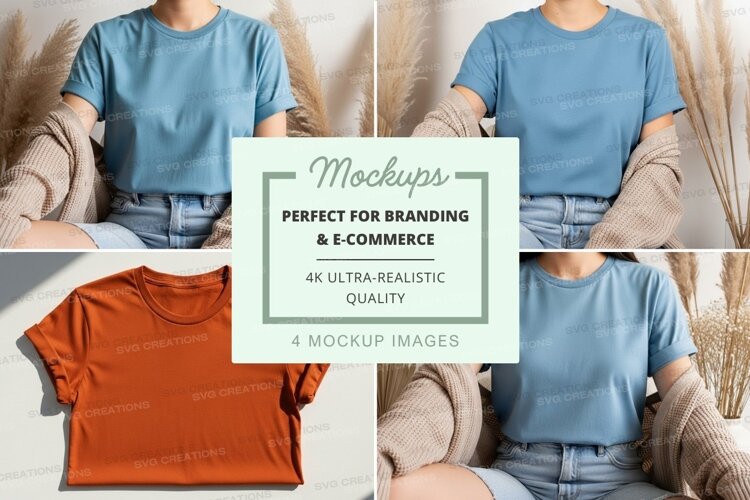 Woman wearing blank t-shirt mockup beige sofa lifestyle example image 1