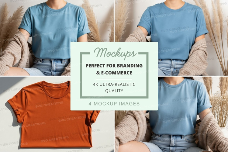Woman wearing blank t-shirt mockup beige sofa lifestyle