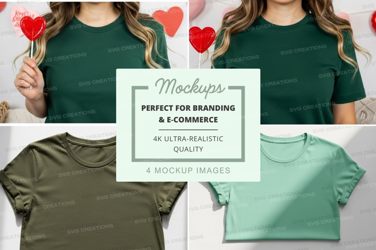 Women holding heart balloons green t-shirt mockup