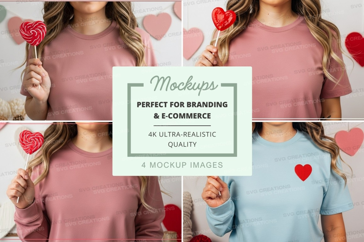 Woman holding heart lollipops mockup pink shirtwoman, mockup