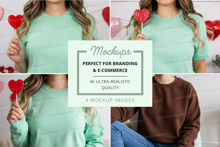 Woman holding heart lollipops mockup green sweater
