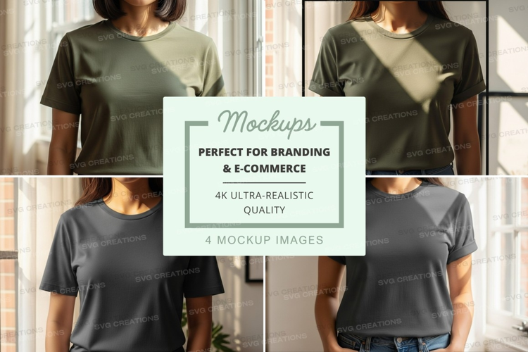 Woman wearing blank gray t-shirt mockup studio display