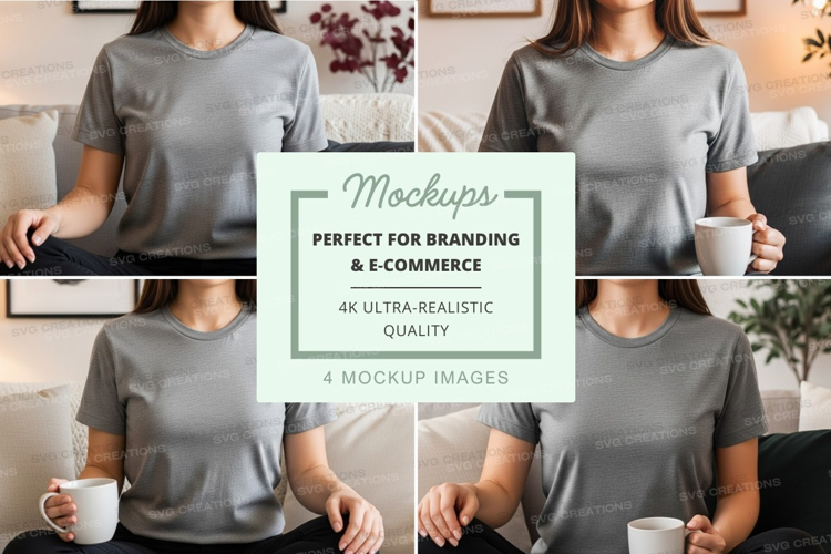 Woman mockup holding coffee cup in minimalist home setting