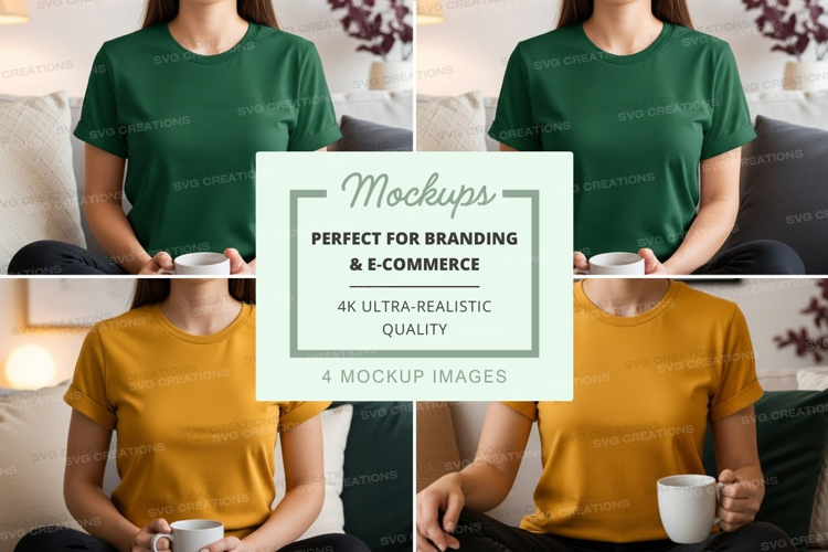 Women in mockup t-shirts holding cups on couch