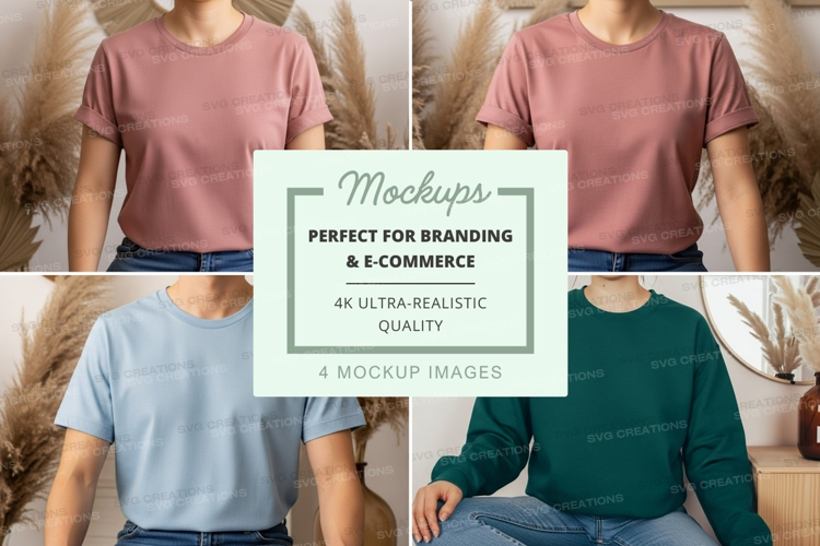 Woman wearing casual tshirt mockup on bed
