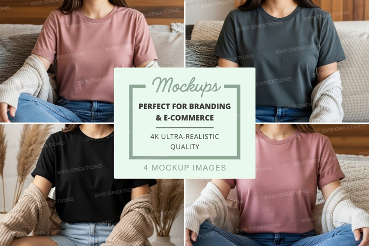 Woman holding jeans mockup on couch lifestyle casual