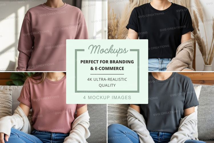 Woman in casual cropped sweater mockup on sofa