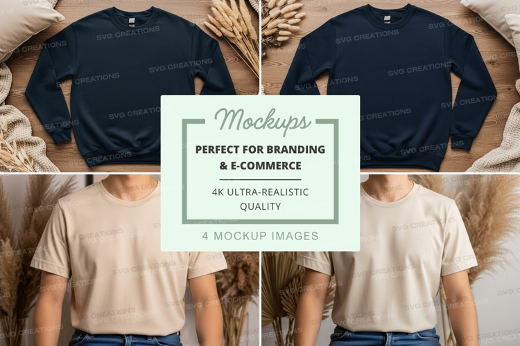 Woman wearing navy blue mockup sweatshirt on wooden hanger