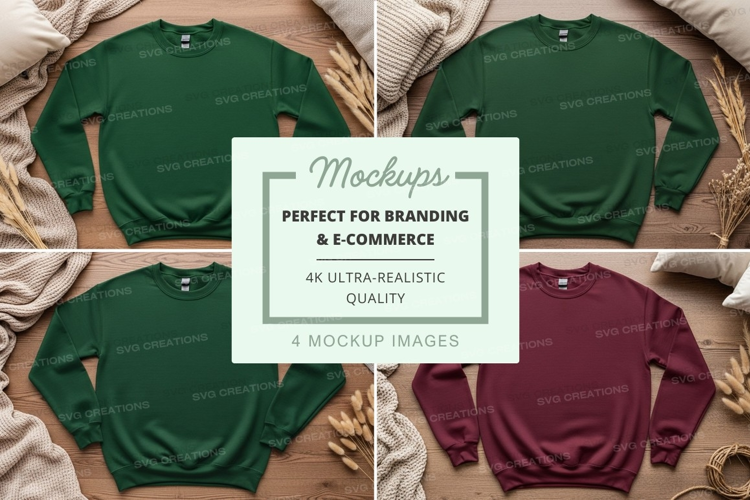 Green and maroon sweatshirt mockup on bed with soft light