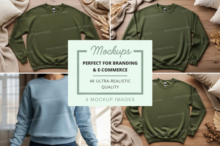 Green and blue sweatshirt mockup on wooden bed with cozy bla