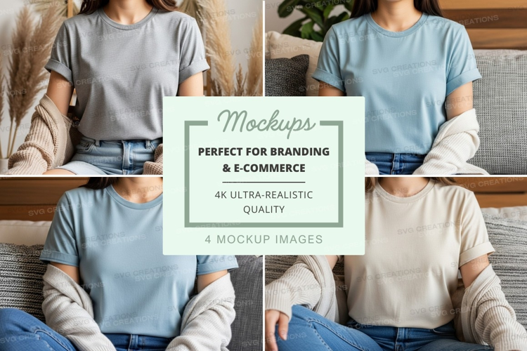 Woman t-shirt mockup casual lifestyle indoor neutral