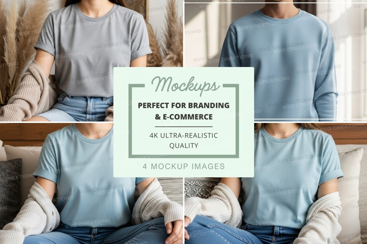 Woman in gray loungewear mockup on couch at home