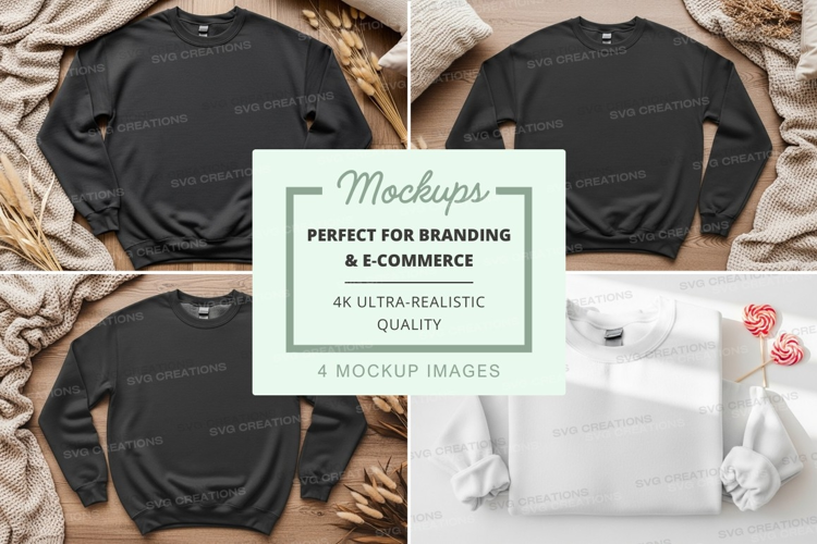 Black and white sweatshirt mockup on bed with soft lighting