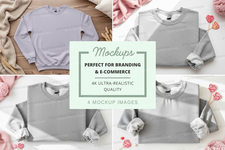 Grey sweatshirt mockup on wooden surface with flowers