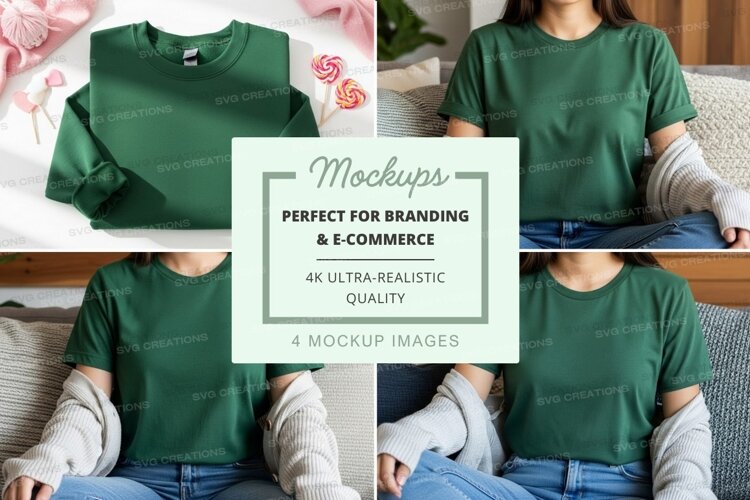 Green t-shirt mockup on woman relaxing at home example image 1