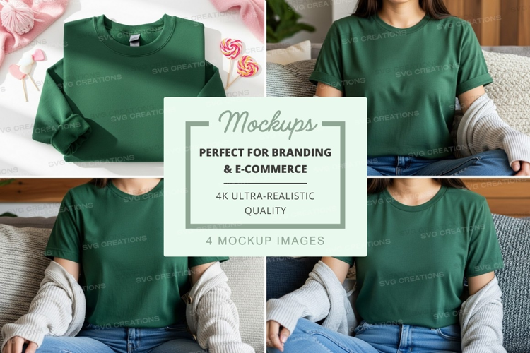 Green t-shirt mockup on woman relaxing at home
