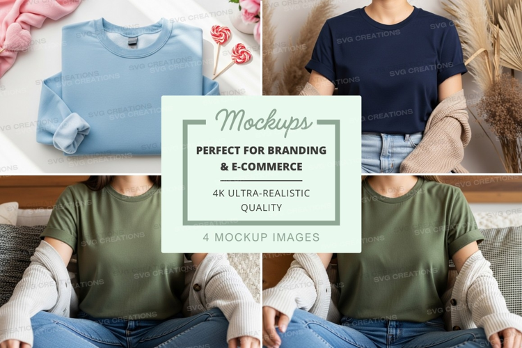 Woman wearing casual tshirt mockup on couch lifestyle displa