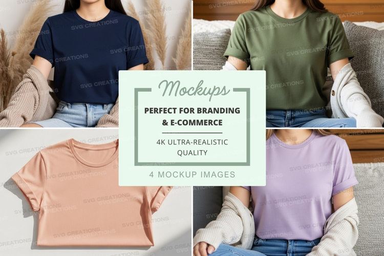 Woman t-shirt mockup on sofa neutral tones lifestyle