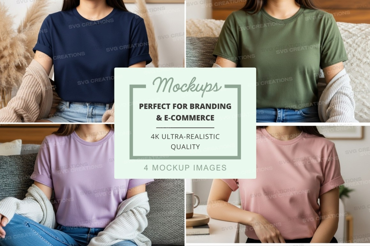 Woman casual t-shirt mockup on couch lifestyle