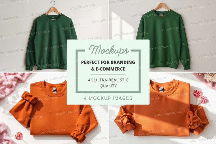 Green and orange sweater mockup on hanger with floral backgr