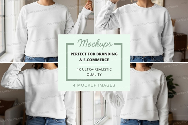Woman wearing blank white sweatshirt mockup indoor lifestyle