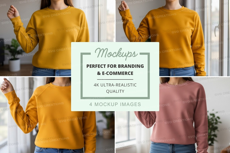 Woman mockup arms raised casual sweater home lifestyle