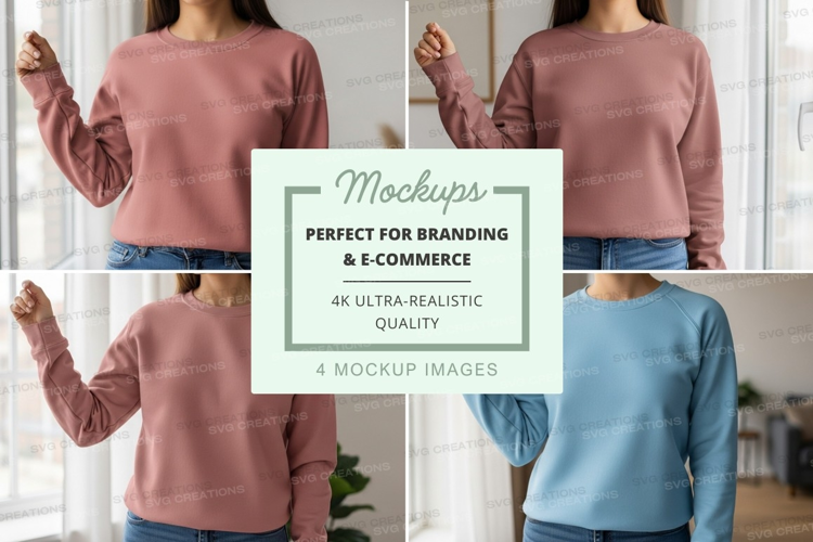 Woman mockup casual sweater arms raised indoor lifestyle