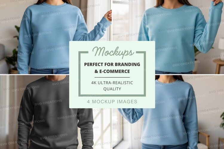 Woman wearing blue mockup sweater indoor lifestyle minimal example image 1