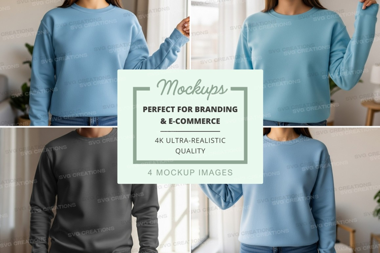 Woman wearing blue mockup sweater indoor lifestyle minimal