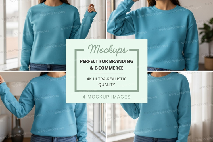Woman wearing blue mockup sweater indoor lifestyle display