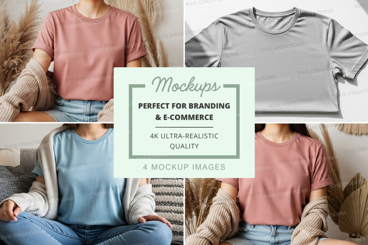 Women wearing casual tshirt mockup on sofa at home