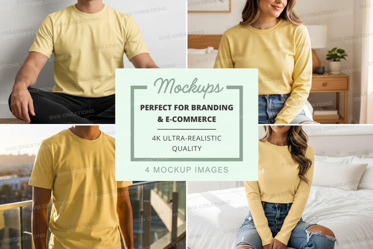 Woman mockup t-shirt lifestyle bedroom casual yellow