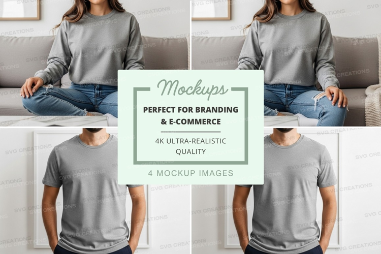 Woman meditation mockup on sofa grey tshirt lifestyle