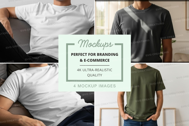 Man wearing blank t-shirt mockup on chair indoors