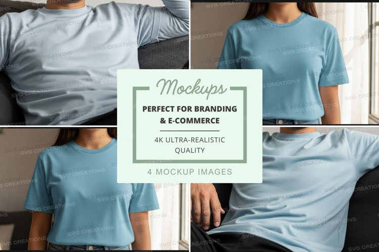 Woman wearing blank blue t-shirt mockup front back view